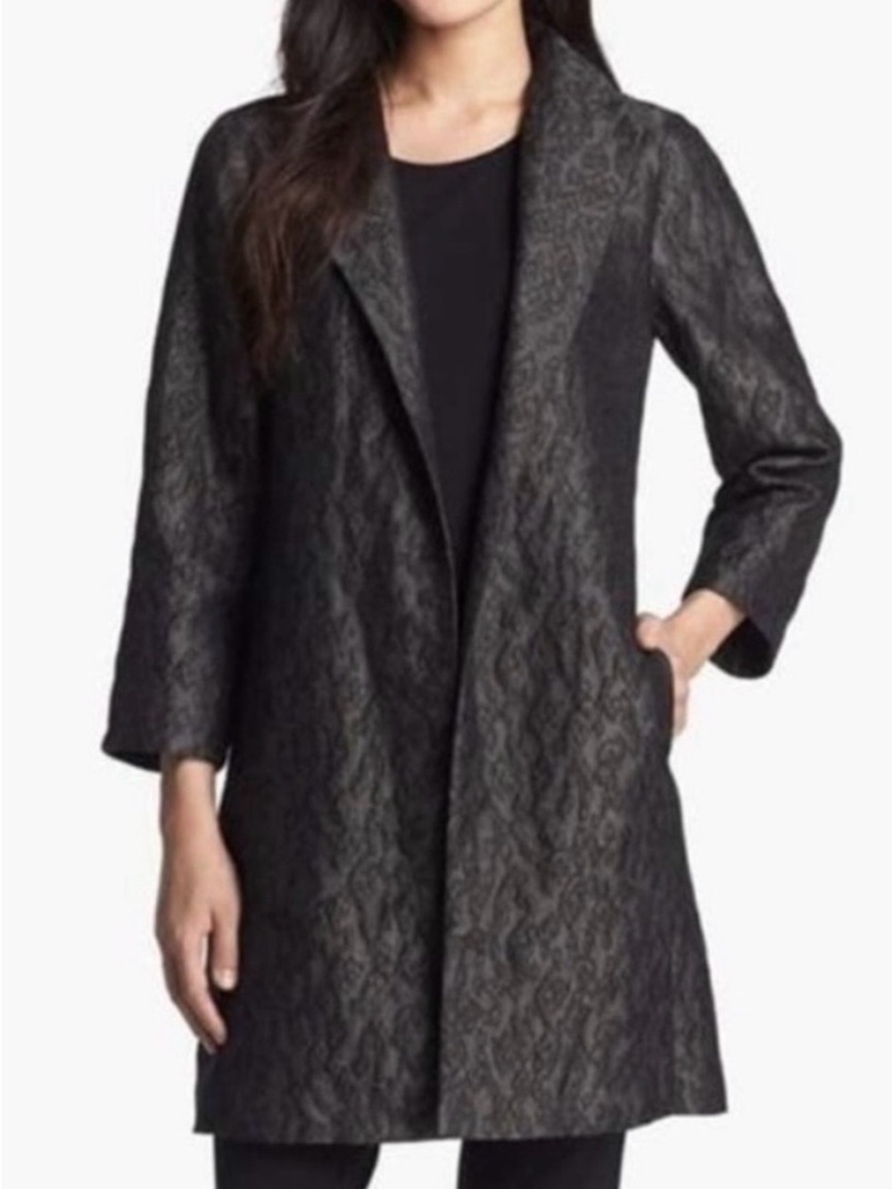 Eileen Fisher Charcoal Gray Leopard Jacquard Coat - Picture 3 of 7